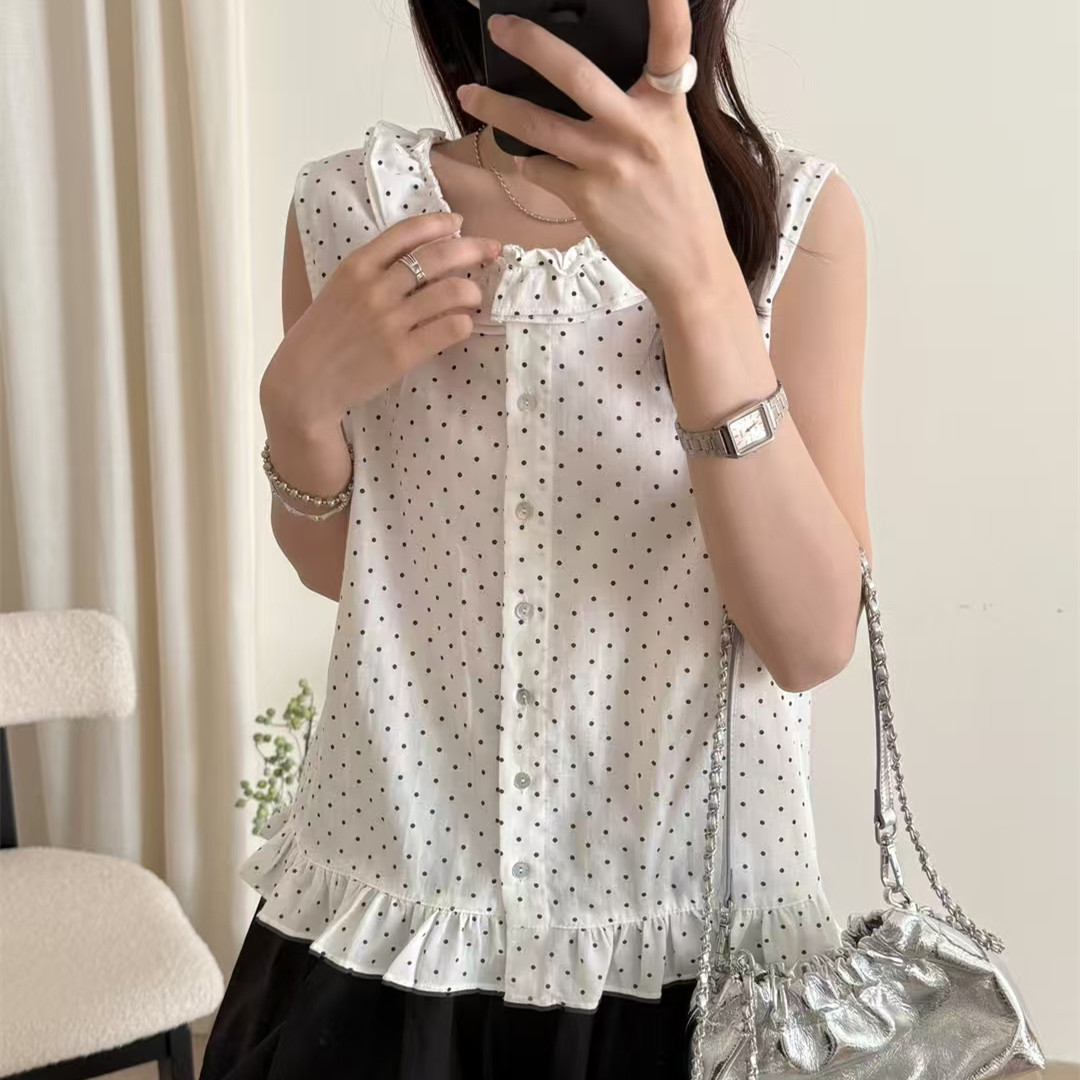 韩系甜美波点木耳边无袖衬衫女小个子2025夏季新款宽松背心上衣潮