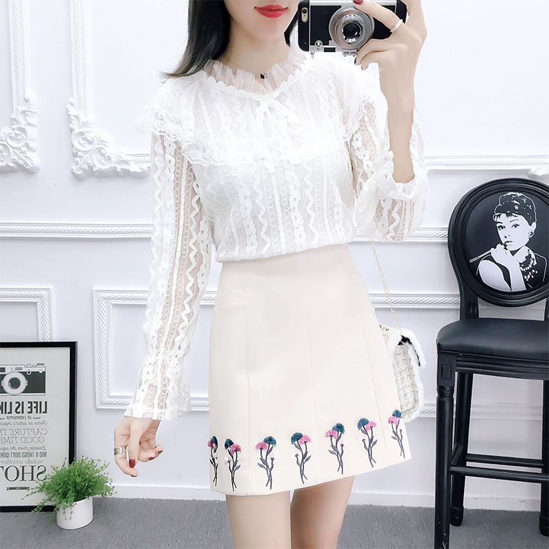 矮个子两件套女早秋时尚网红洋气蕾丝衫配毛呢短裙很仙的减龄套装(非品牌)