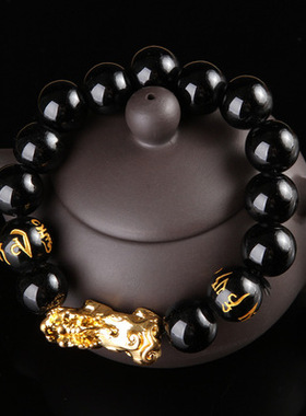 辟天然黑曜石沙金貔貅佛珠手链