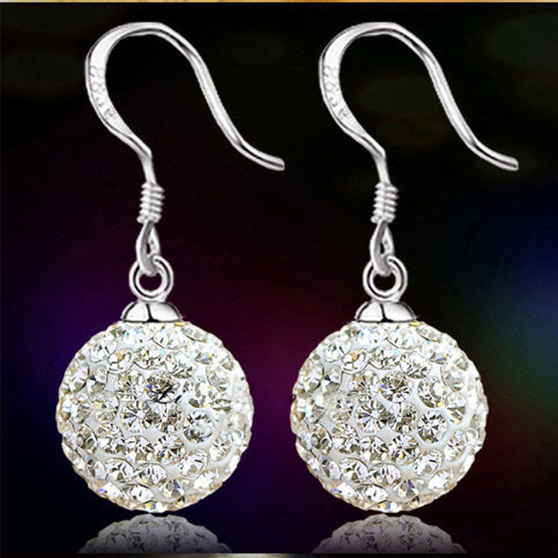 明星同款 正品925纯银耳环女款香巴拉水钻球耳钉长款耳坠流行饰品