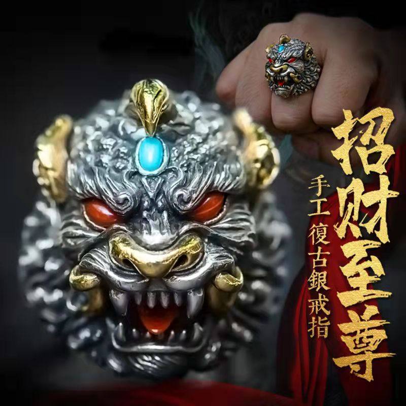 新款手工神兽戒指雕刻貔貅复古招财男女送礼物本命年个性开口指环
