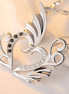 纯银天使翅膀恋人镶钻爱心形吊坠