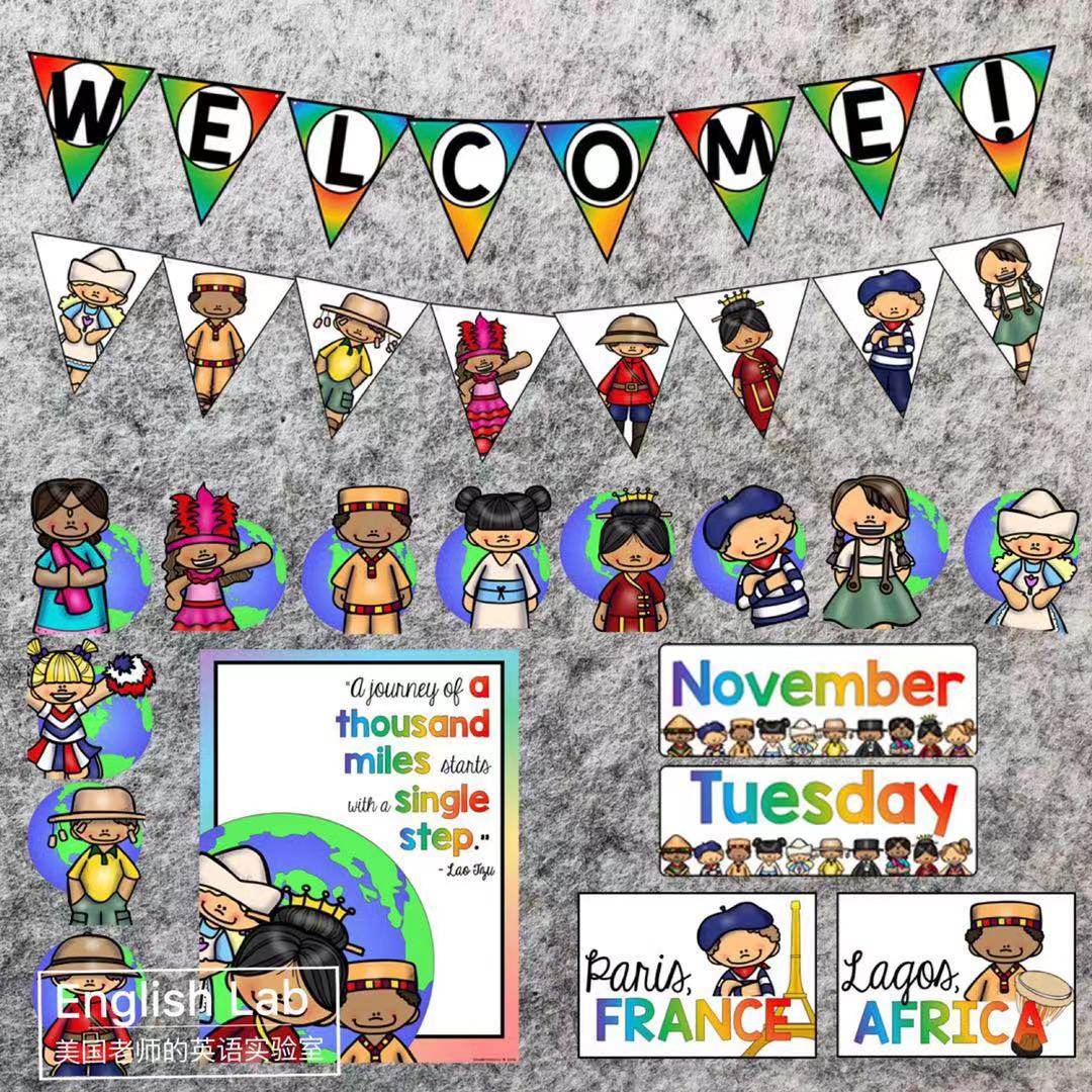 双语幼儿园英文环创环球国家英语主题墙装饰单词卡片小学英语机构