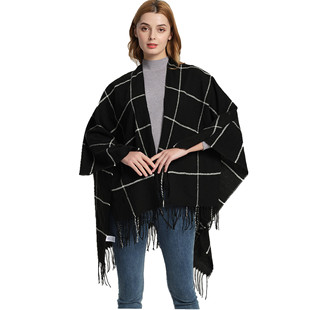 Women INS Shawl Woven Black Large Check Tassel Split Shawl