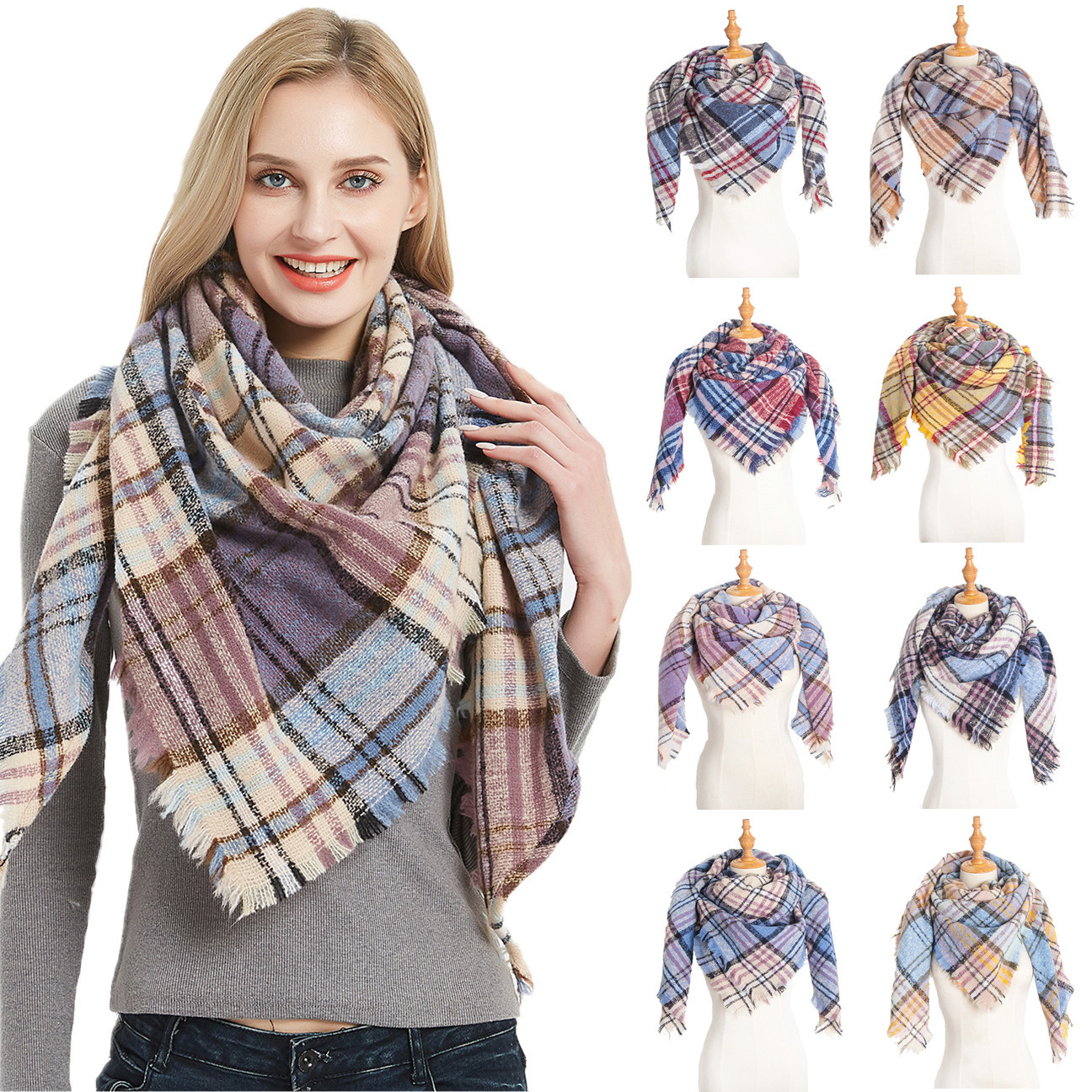 New Loop Yarn Polyester Bristle Plaid Triangle Shawl Scarf