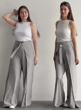 2025 New Solid Color Fashion Lace Waist Wide Leg Skirt Pants