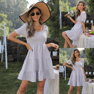 Simple Solid New neck Dress Fashion Female Grid Color