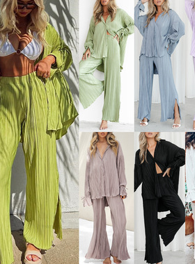 Women Suit Pleated Shirt Long Sleeve Lapel Cardigan Cardigan