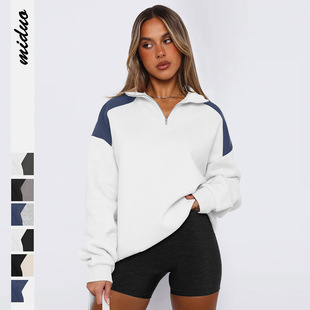 Contrast Polo Shirt Hoodies Zipper Sweatshirt Women Fashion