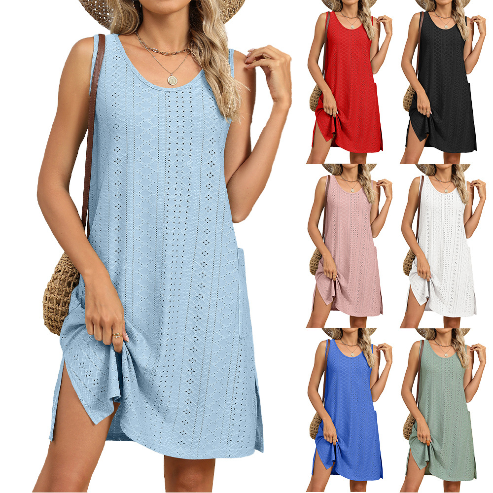 2025 Solid Color Round Neck Loose Sleeveless Pocket Dress