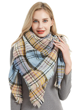 Men's And Women's Thick Scarf Loop Yarn Color Blocked Grid