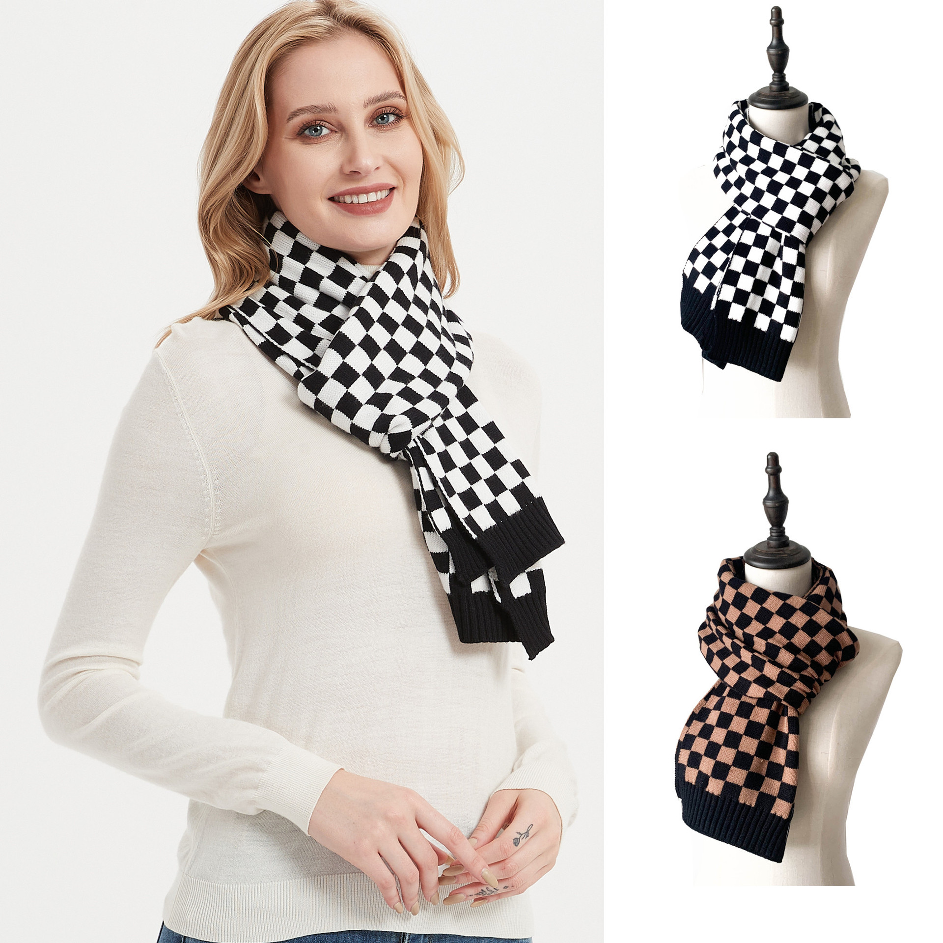 Fashion Knitted Scarf Thickened Black And White Checkerboard