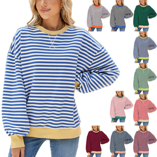 Contrast Sweater Round Sleeve Striped Long Color Neck Loose