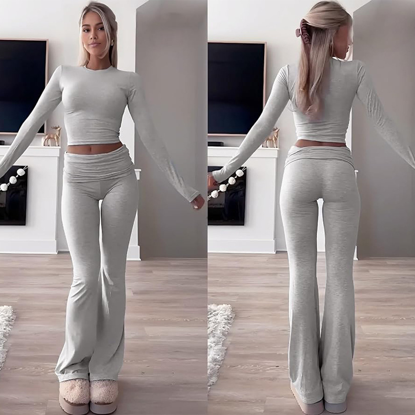 Leisure Exercise Women Two-piece Crew Neck Long Sleeve Suit