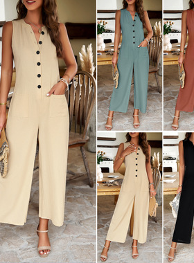 2025 New Women's Elegant Pure Color Breasted One-body Pants