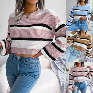 Women casual style stripe long sleeve umbilical knit sweater