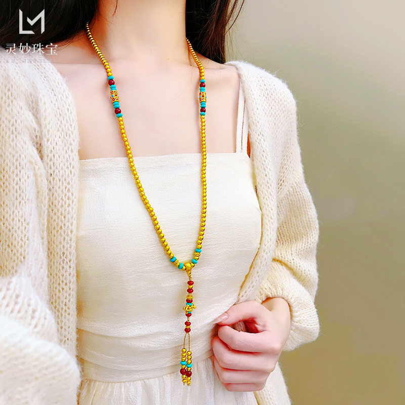 2026古法沙金999磨砂108颗多圈佛珠长项链女士红蓝设计降魔杵衣链
