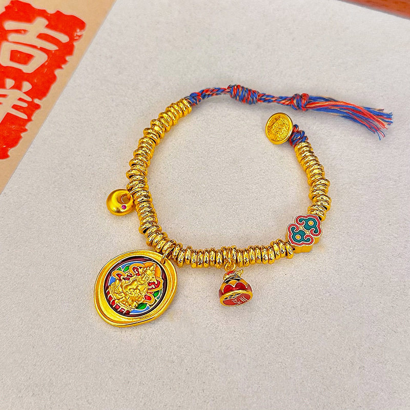 2026新款女式黄财神多宝锤纹盘缠手链古法编绳轻奢设计感国风手串