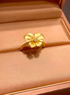金店同款沙金花月佳期镶钻小金花戒指小众气质百搭金色指环送