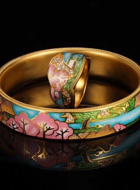 宫廷风复古烧蓝桃林手镯戒指珐琅彩镀金三生三世十里桃花手镯