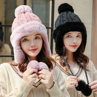 保暖帽子潮韩版 女士新款 时尚 加绒针织帽甜美百搭护耳帽冬季 毛线帽