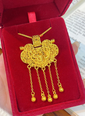 金店同款沙金古法天子门生龙凤平安锁包流苏吊坠项链宫廷送女友