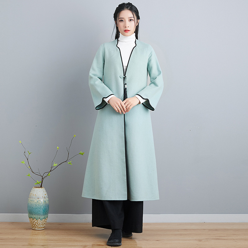 秋冬中国风女装女书法画家风衣中式V领禅意文艺茶服盘扣毛呢外套