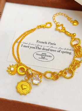 2025款黄金色沙金点钻跑环心花怒放手链时尚爱心太阳花手串送女友