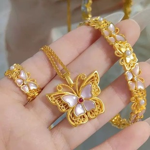 金店同款古法繁花蝴蝶少女项链戒指手镯公主套装镶嵌玉石肖邦链