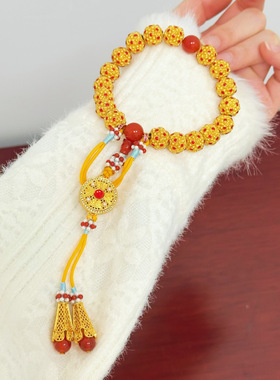 小红书爆款古法鎏金錾刻镂空花丝镶嵌金松花十八子珠手串红宝