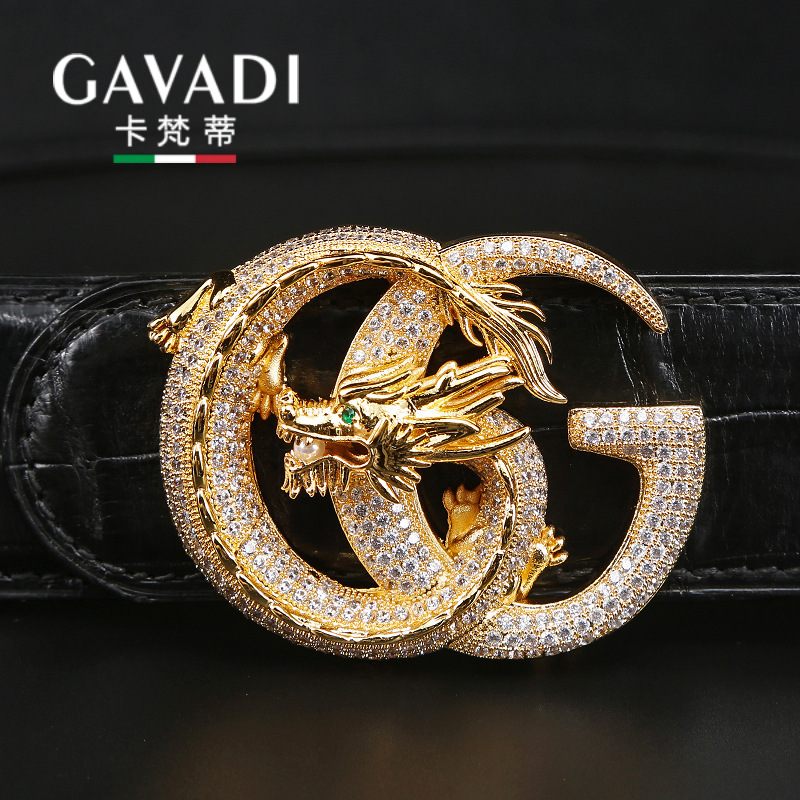 2025男歌手王力宏同款鳄鱼皮龙扣头皮带男士真皮平滑扣镶钻裤腰带