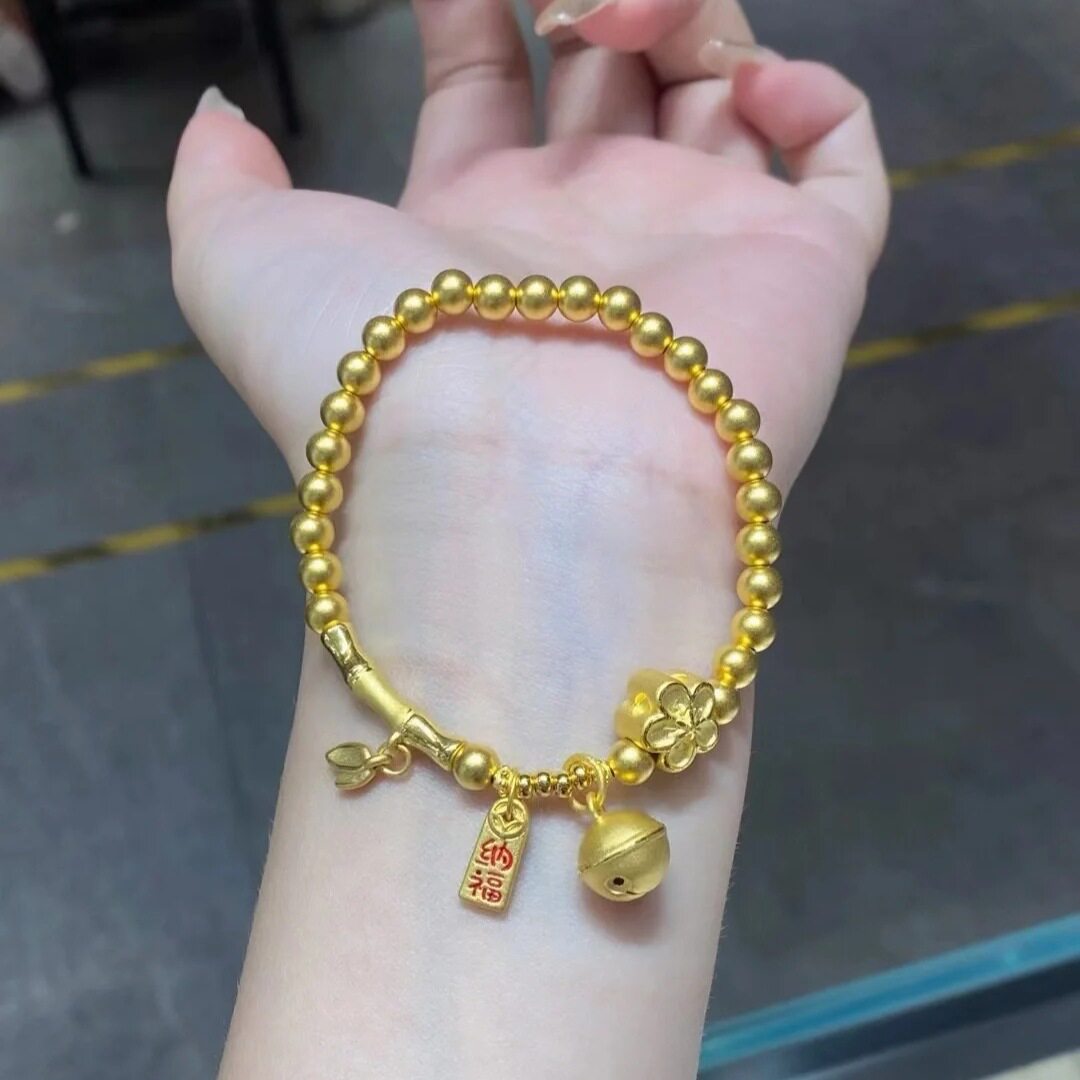 金店同款沙金竹节福牌小铃铛金珠手链节节高升桃花转运珠手串女