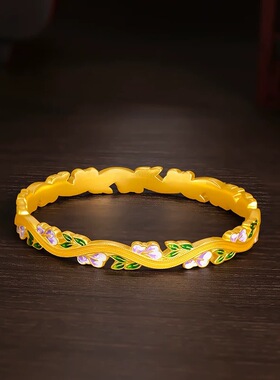 2025爆款精品厚金绿叶紫藤花滴胶手镯女士珐琅清新高雅蝴蝶花手环