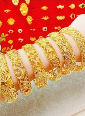 2025新款黄金色越南沙金镂空卡扣手镯女复古婚庆结婚饰品手环首饰