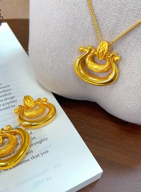金店黄金色沙金如意锁愿转动锁包吊坠女式古法传承复古宫廷风项链