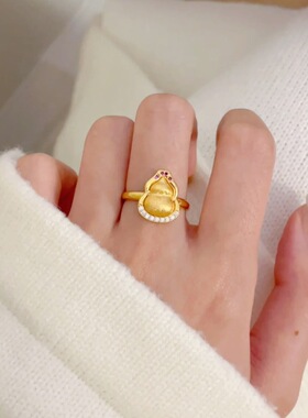 2026款越南沙金点钻中古拉丝葫芦戒指女时尚福禄老钱风可调节指环