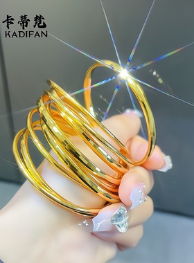 金店同款古法越南黄金色沙金实心镜面圆条双圈手镯女士马赛克手环