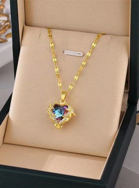 轻奢蓝紫色水晶海洋之心爱心桃心形项链女款不褪色锁骨链百搭吊坠