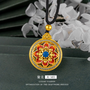 国潮风微镶树叶镂空吊坠黄金色沙金珐琅点钻八宝罗盘项链女锁骨链