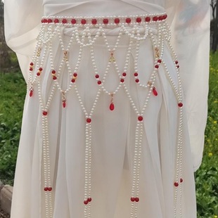2026新款女士古风汉服腰链长流苏珍珠坦领齐胸腰襦裙复古旗袍配饰