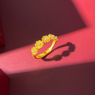 高级朵朵繁花戒指 时尚轻奢活口指环镶嵌仿珍珠假黄金戒指沙金女