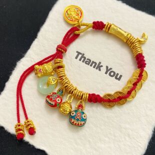 女士碧玉平安扣吞金兽盘缠手链黄金色沙金编绳五帝钱腰缠万贯手串