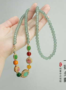 2025女式祖母绿色圆珠一款多戴项链中式多圈层手链复古时尚毛衣链