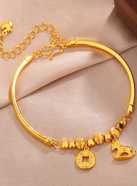 女士黄金色沙金马上有钱手镯小马铜钱碎碎冰半镯链小红书同款手链