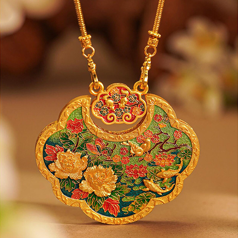 黄金色沙金烧蓝金韵双生锁包吊坠女款珐琅彩双面如意古韵国风项链