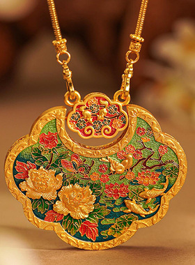 黄金色沙金烧蓝金韵双生锁包吊坠女款珐琅彩双面如意古韵国风项链