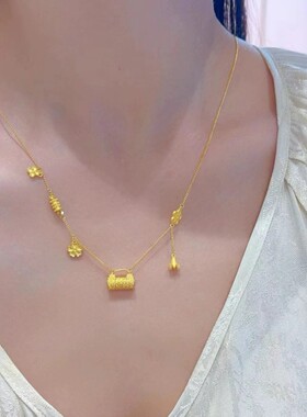 2025新款繁花似锦越南沙金花丝锁包流苏项链女士平安锁一体锁骨链