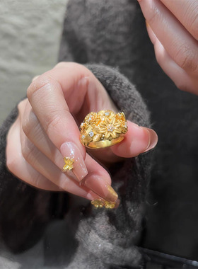 越南沙金繁花锦簇开口戒指女款高颜值镶嵌点钻食指戒送女友礼物