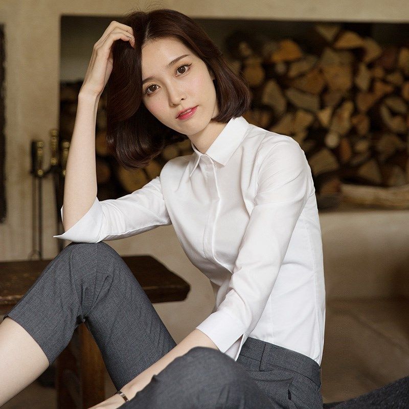 白色七分袖职业女士衬衣2025春夏新款韩版寸衫工装工作服中袖衬衫