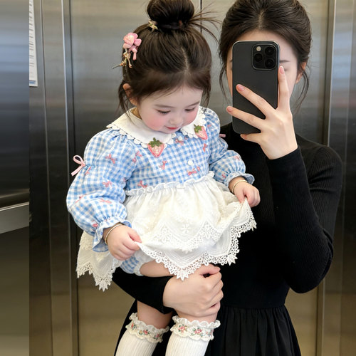 婴儿格子刺绣裙摆包屁衣